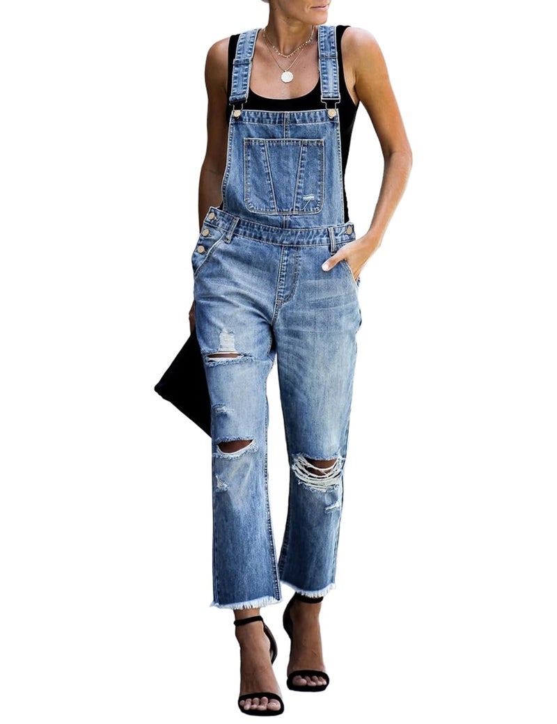 luvamia Women's Casual Distressed Adjustable Denim Bib Overalls Jeans Pants Jumpsuits Blue Size Small - Image 1